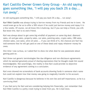 Karl Castillo Green Grey London Scammer